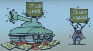 An anti-Charlie Hebdo cartoon in Echorouk, an Algerian newspaper, playing on char, French for “tank”: a tank with the sign “I am a tank” is shown crushing “Gaza,” “Mali,” “Syria,” and “Iraq,” January 14, 2015.