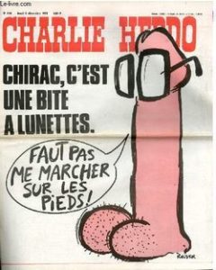 A cover of Charlie Hebdo declaring then prime minister Jacques Chirac, “a cock with glasses,” December 2, 1976