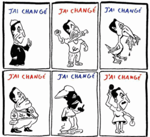 Drawings of former French president Nicolas Sarkozy, proclaiming, “I have changed,” published in Charlie Hebdo, May 2, 2007