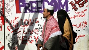 Revolutions in language … a Cairo street scene two days after Hosni Mubarak was ousted from power in 2011. Photograph: John Moore/Getty Images