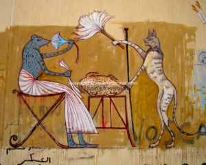 Figure 4: First part of a mural replica from the tomb of Sobekhotep, by Alaa Awad, Mohamed Mahmoud Street, Cairo. Photograph by Soraya Morayef (March 2012)